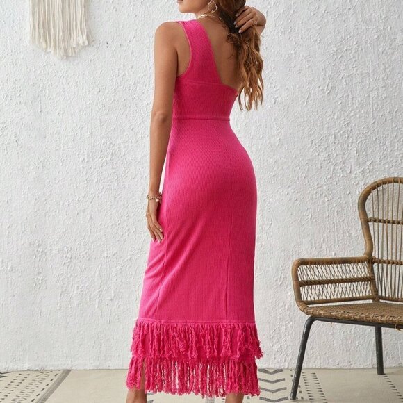 Pink Boho Womens One Shoulder Twist Front Fringe Hem Bodycon Dress - Picture 2 of 5